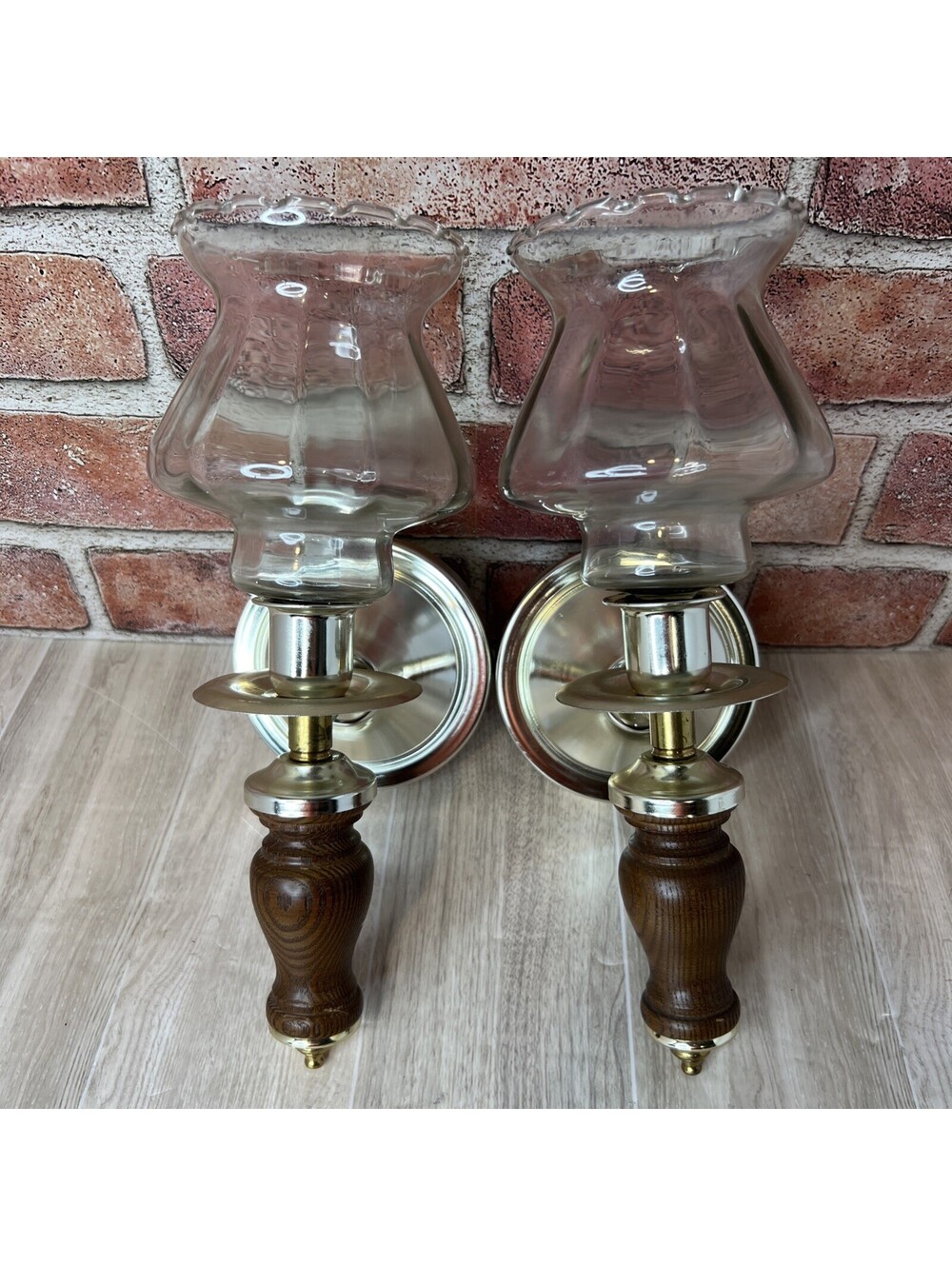 Vintage Pair Brass Wall Sconces Hurricane Glass Shades Wood Accents Lights